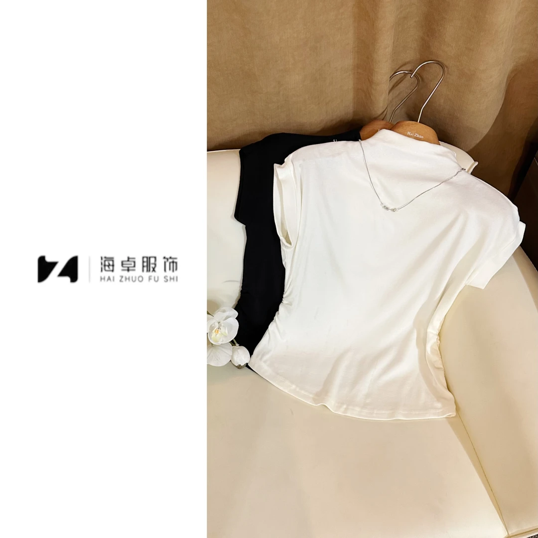 海卓～2025夏季半高领短袖纯色腰部褶皱气质显瘦高级感T恤上衣012