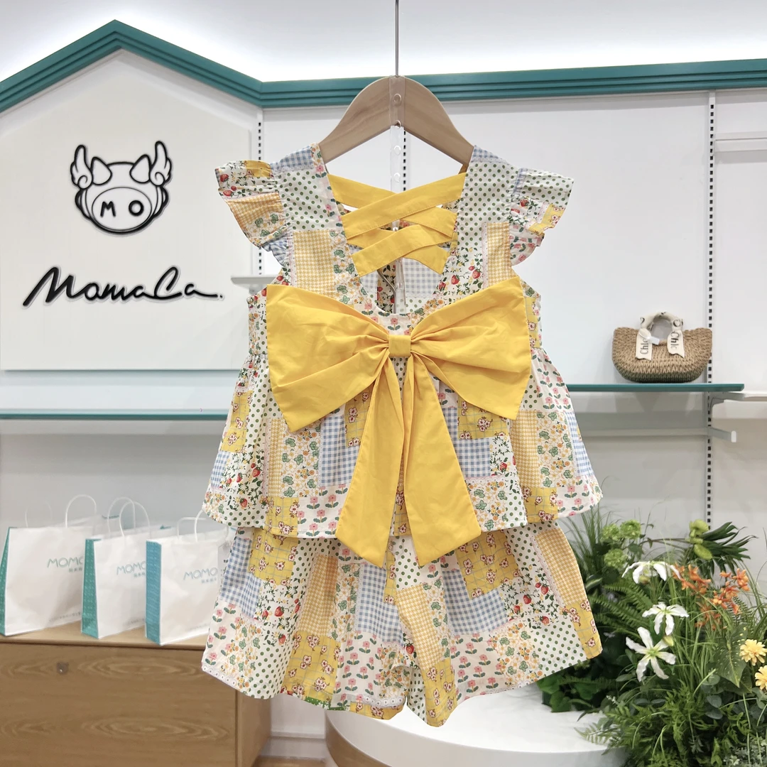 MOMOCO女童夏季时尚洋气碎花满印露背带蝴蝶结休闲两件套DSM291G