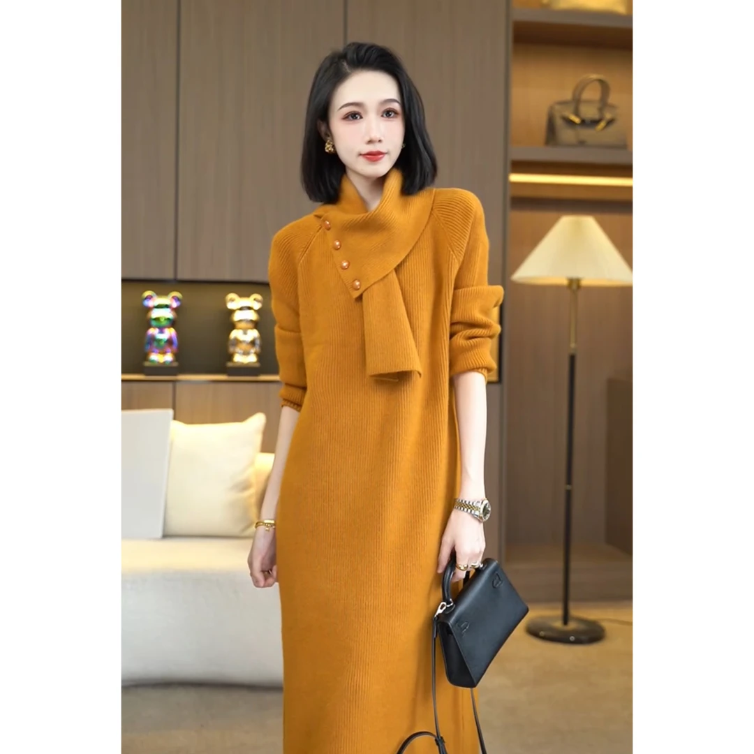 秋冬气质轻奢时髦围脖毛衣针织连衣裙高级感简约裙子7080