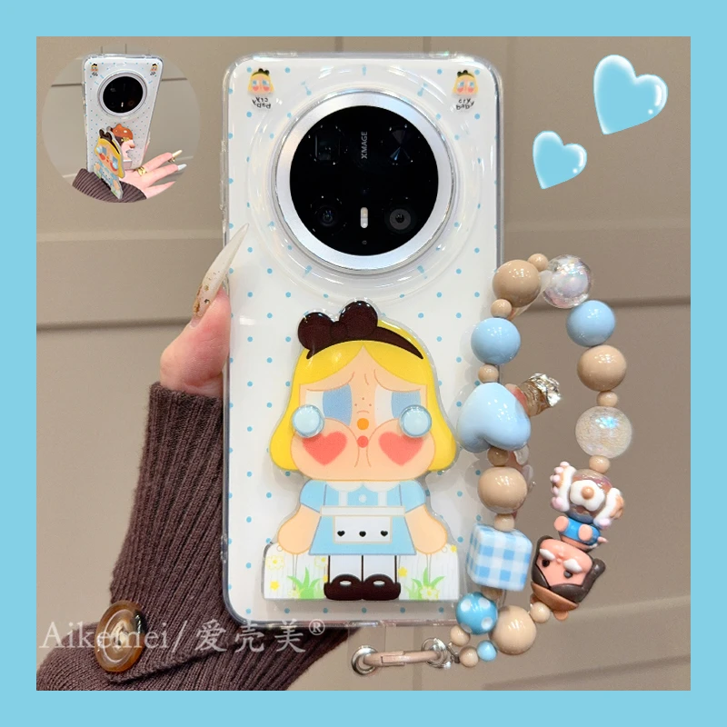 适用华为mate70pro+手机壳蓝色波点Mate60pro+可爱哭娃镜子支架女