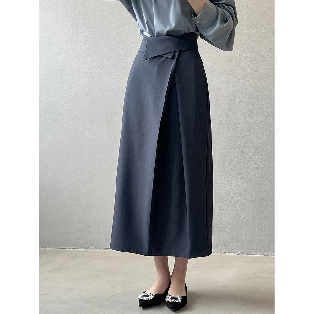 言双 法式气质半身裙女 春季新款高腰褶皱不规则翻边长裙