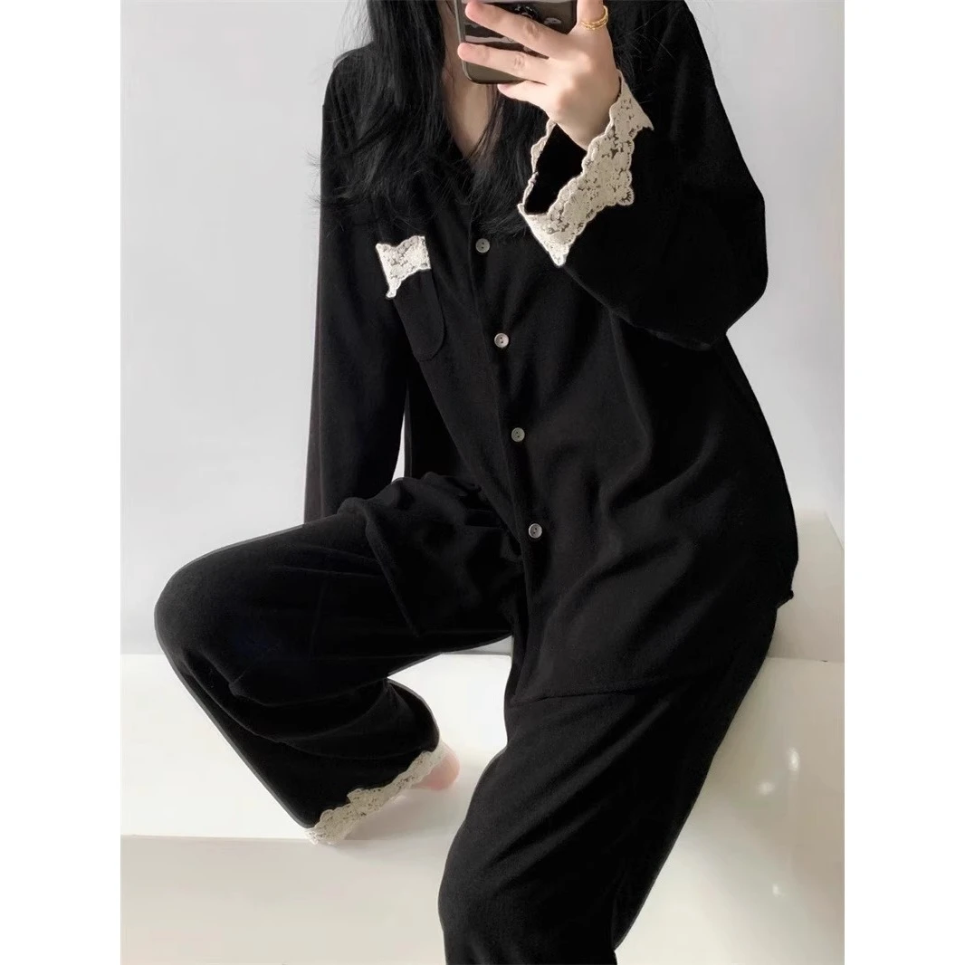 韩式白色高级蕾丝花边长袖睡衣女秋季新款开衫长裤家居服大码套装