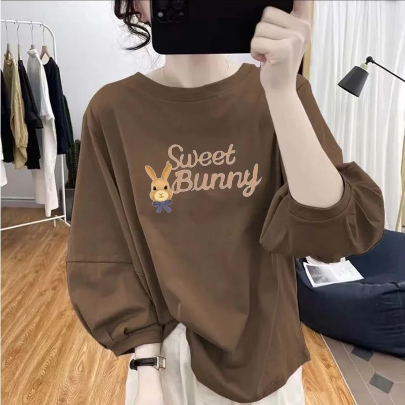 纯棉2025春秋新款七分袖圆领t恤女灯笼袖时尚宽松简约体恤衫上衣