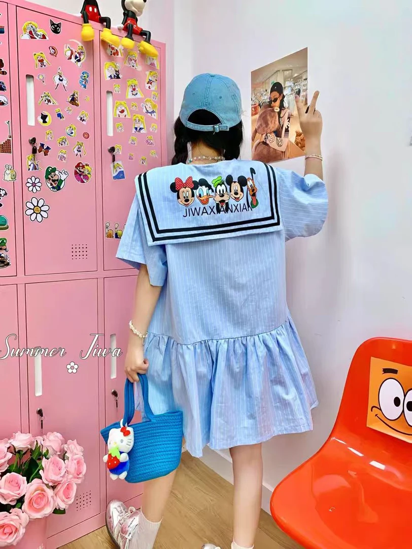 大码仙仙2025春夏新款米奇海军领竖条纹连衣裙学院风减龄1961