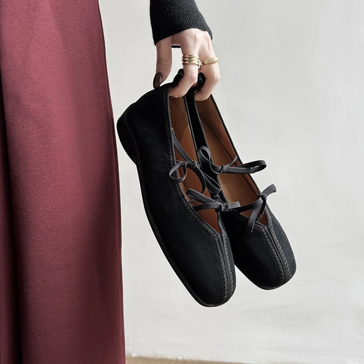 时尚芭蕾鞋2025年春季舒适松糕底蝴蝶结纯色