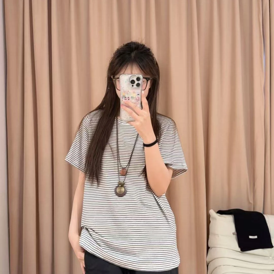 85101余小鱼 【条纹日记】黑白细条纹夏季圆领套头短袖百搭T恤女装