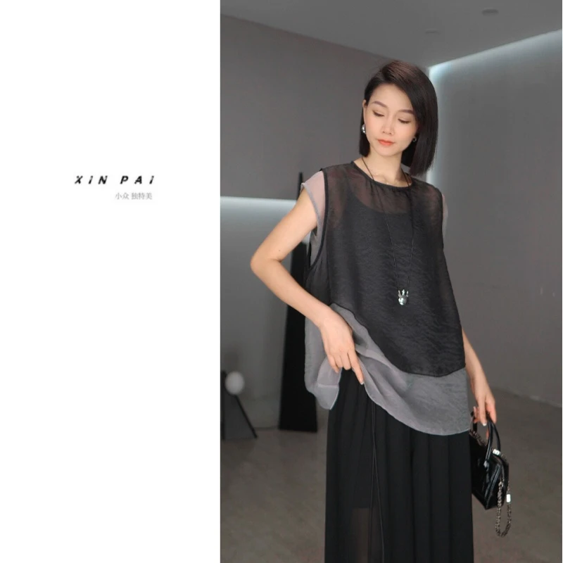 鑫鑫2025夏季新款韩系圆领假两件拼接设计氛围感时尚叠穿T恤1494