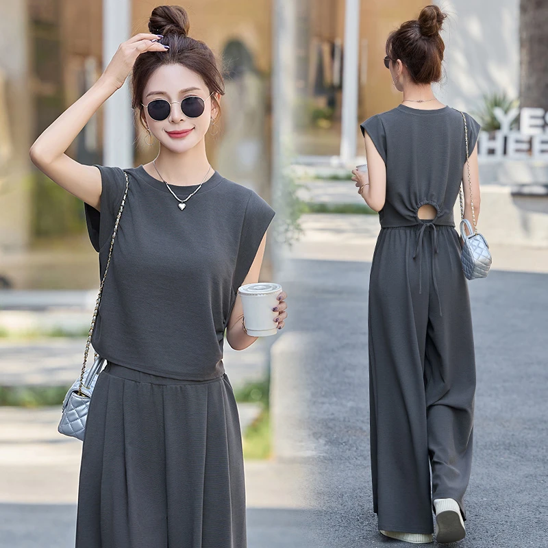 休闲时尚设计感套装女2025夏季新款宽松百搭后背镂空阔腿裤两件套