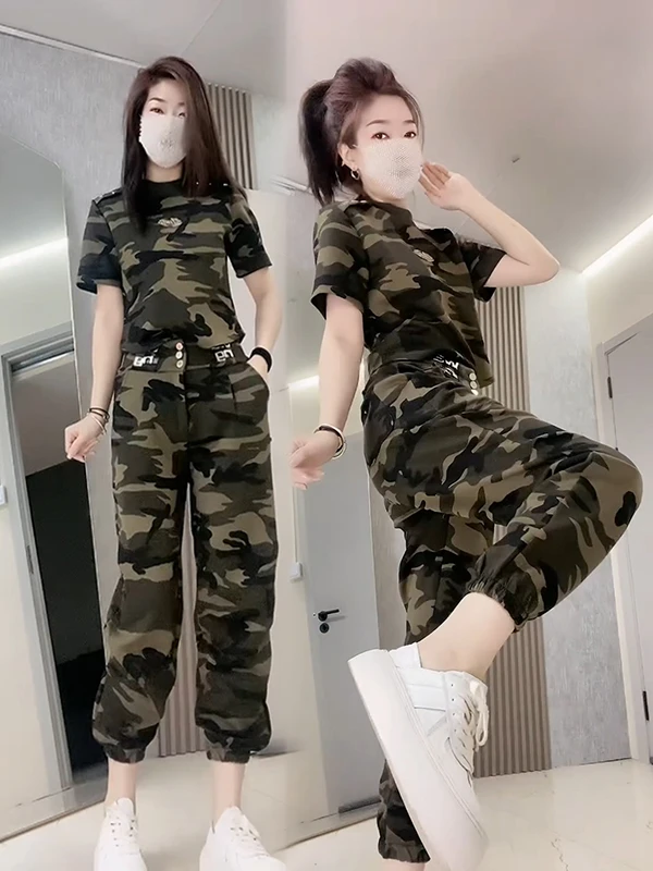 2025年夏季女显瘦时尚休闲迷彩军绿色韩版短袖气质高腰裤运动套装