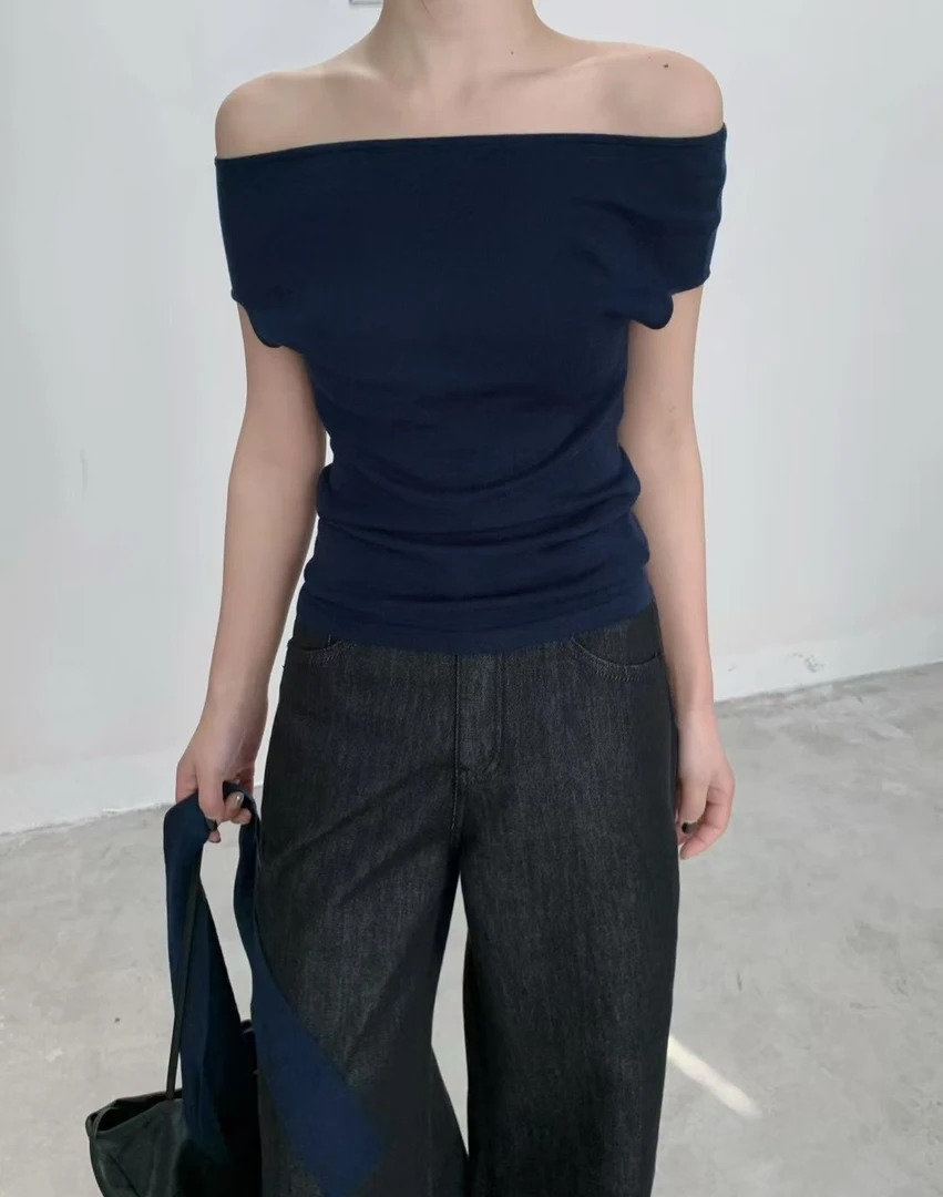 【一字肩】早春小众设计一字肩上衣针织