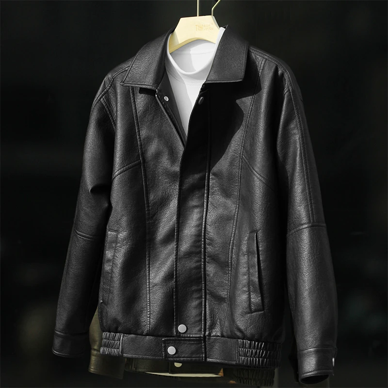 高品质时尚男装帅气翻领皮衣外套男士宽松潮流韩版痞帅机车皮夹克