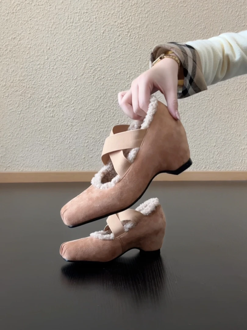 Pokoy-5cm内增高芭蕾风方头交叉带法式复古浅口保暖保毛毛单鞋