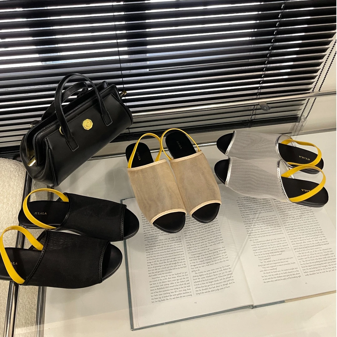 2025新款巴黎轻奢贵气一脚蹬后拌带露趾罗马半拖网纱透气拖鞋女