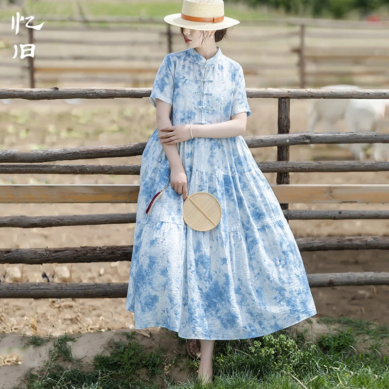 【空谷足音】复古亚麻印花连衣裙女夏季新款文艺范中式盘扣长裙子