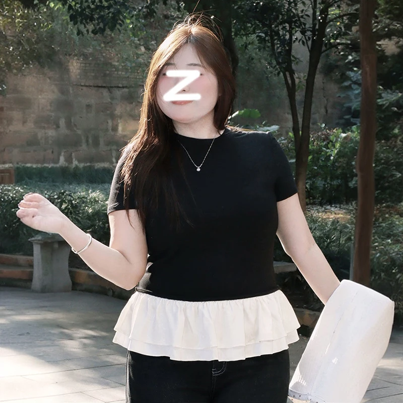 潮碧梵300斤大码女装设计短袖T恤女胖mm新款高级假两件短款上衣
