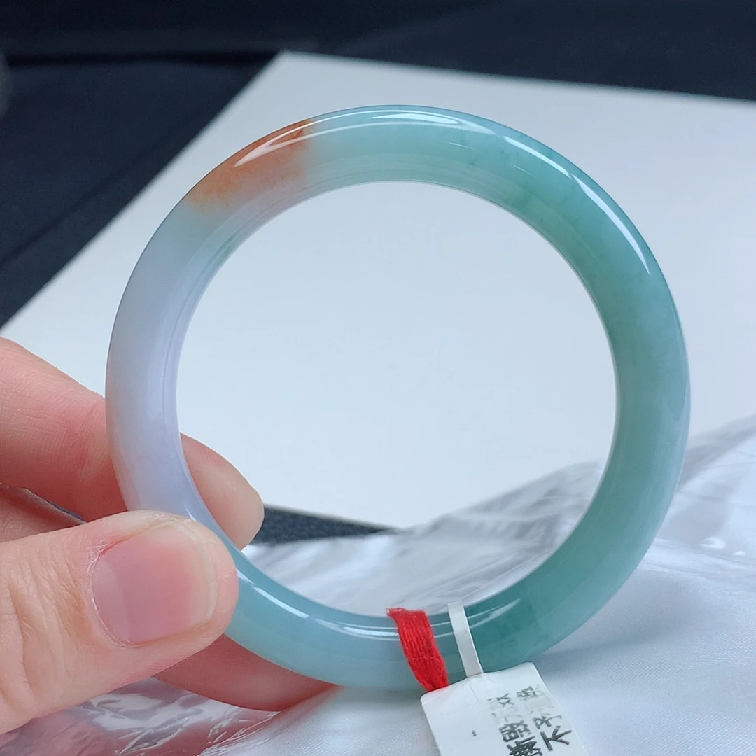 翡翠手镯未镶嵌57圈口黄加绿圆条手镯