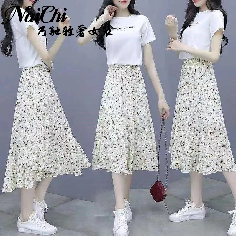 雪纺连衣裙套装女夏季2025年新款轻奢白色流行气质碎花裙子两件套