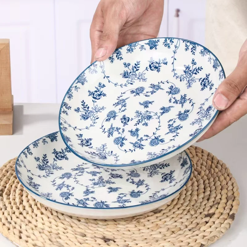 6只装兰花之韵8英寸青花瓷家用炒菜深盘凉菜冷菜水果创意盘子