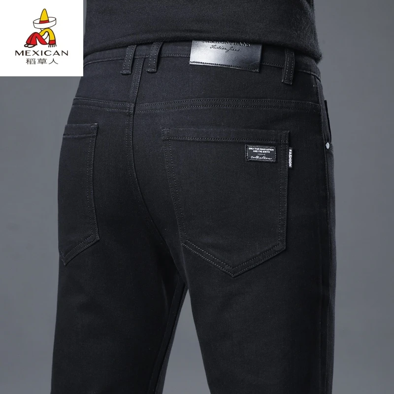 Mexican/稻草人夏季厚款纯黑色男士牛仔裤修身直筒弹力休闲长裤子
