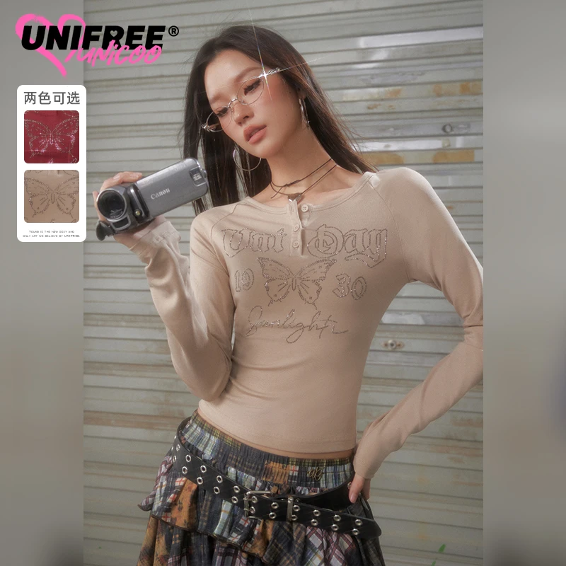 UNIFREE美式烫钻长袖T恤修身显瘦百搭打底衫U251G225K2K2