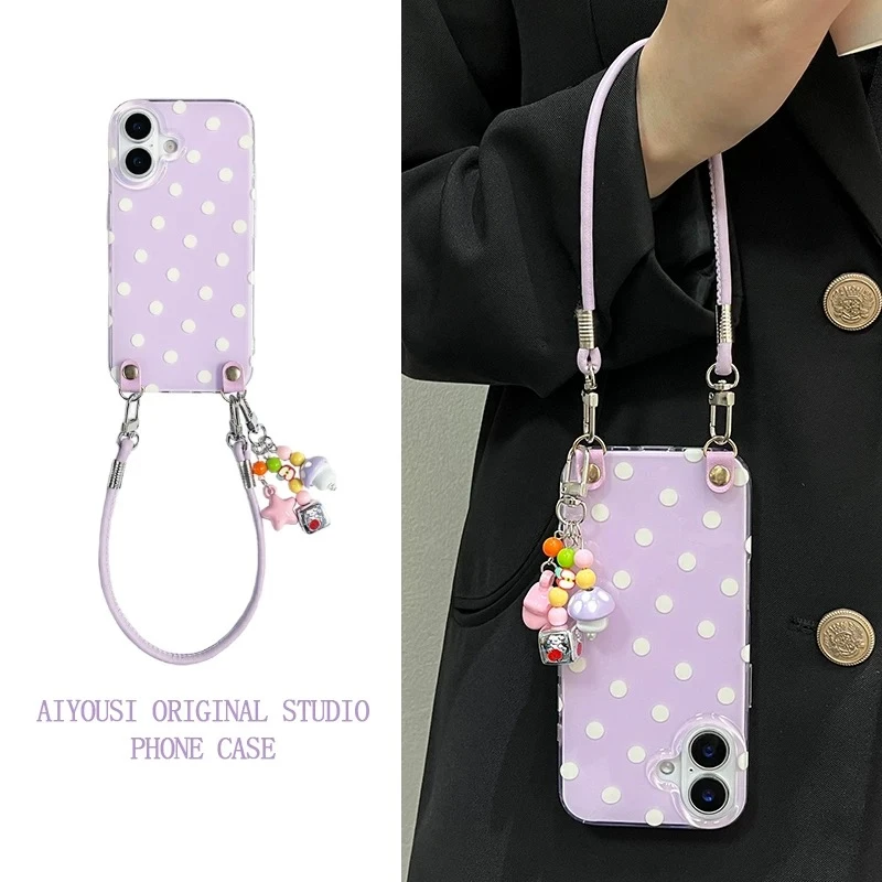 气质紫底波点挂件手绳适用苹果16promax手机壳iPhone15pro防摔14