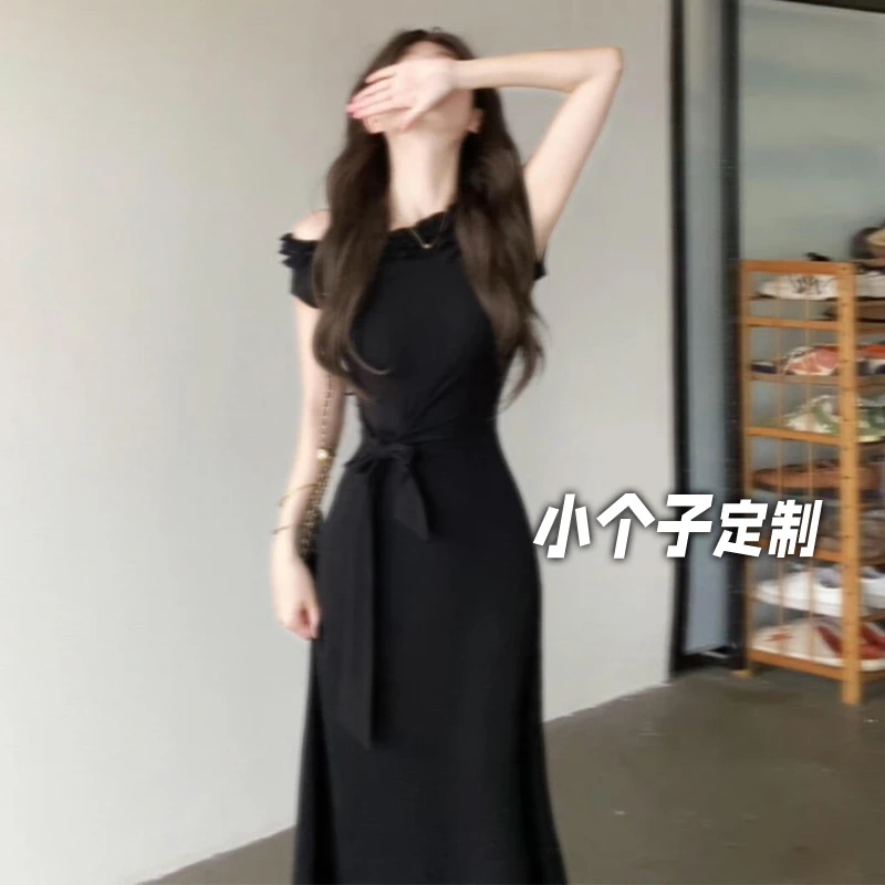 150小矮个子高级感斜肩连衣裙女夏季收腰中长款包臀法式绑带长裙