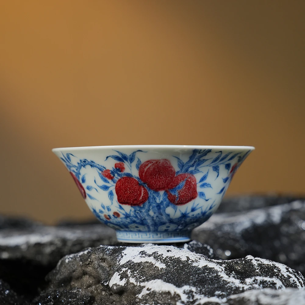 屹朴堂青花釉里红五桃斗笠杯 景德镇釉下彩高端全手工手绘茶器