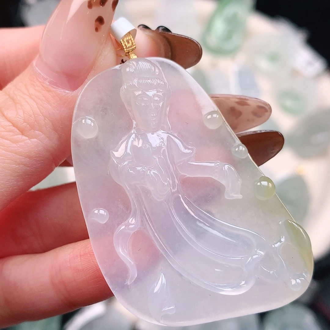 翡翠颈饰18K金镶嵌飘黄仕女牌60、51.5、35、5