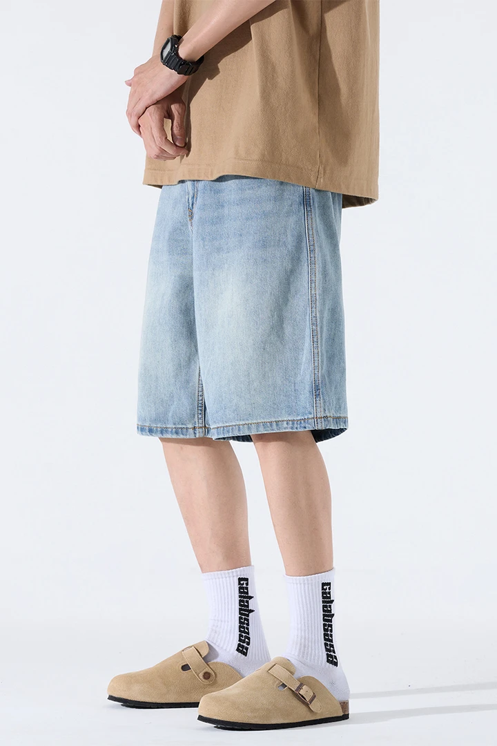 2025年夏季短裤牛仔裤男士简约风复古中裤宽松五分潮流直筒裤