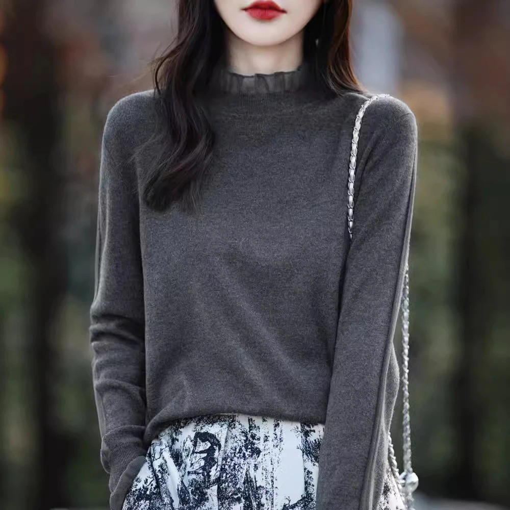 欧根纱拼接木耳边领精纺毛针织衫女春薄款打底衫女长袖薄款毛衣