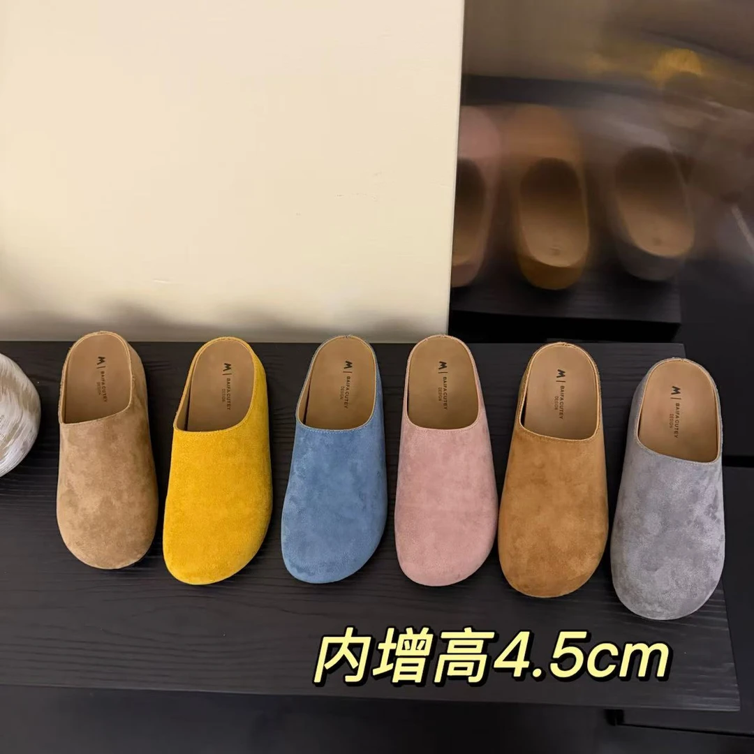 2025春时尚一脚蹬内增高4.5cm厚底简约懒人外穿女小土豆勃肯拖鞋