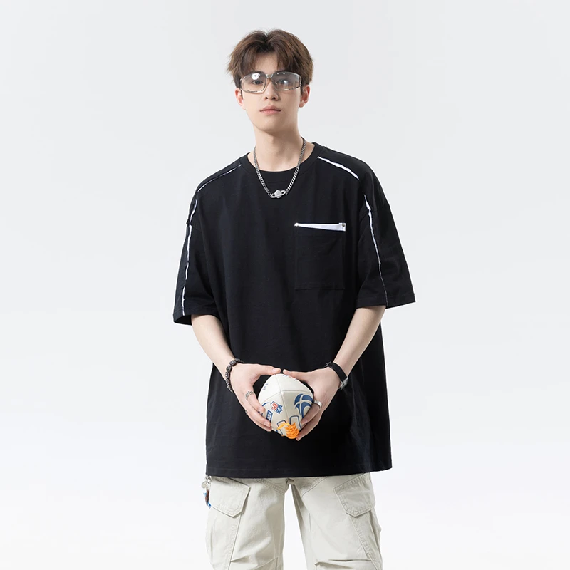 拼接撞色短袖t恤男生夏季青少年运动百搭纯色潮牌宽松半袖上衣服