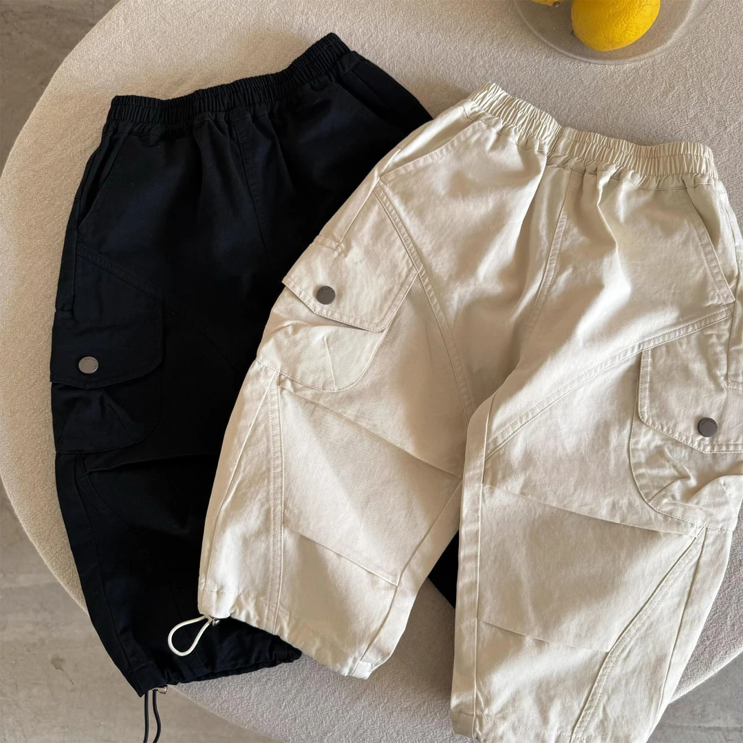 儿童长裤2025春季新品男女童纯色口袋工装裤宝宝抽绳束脚裤春秋款