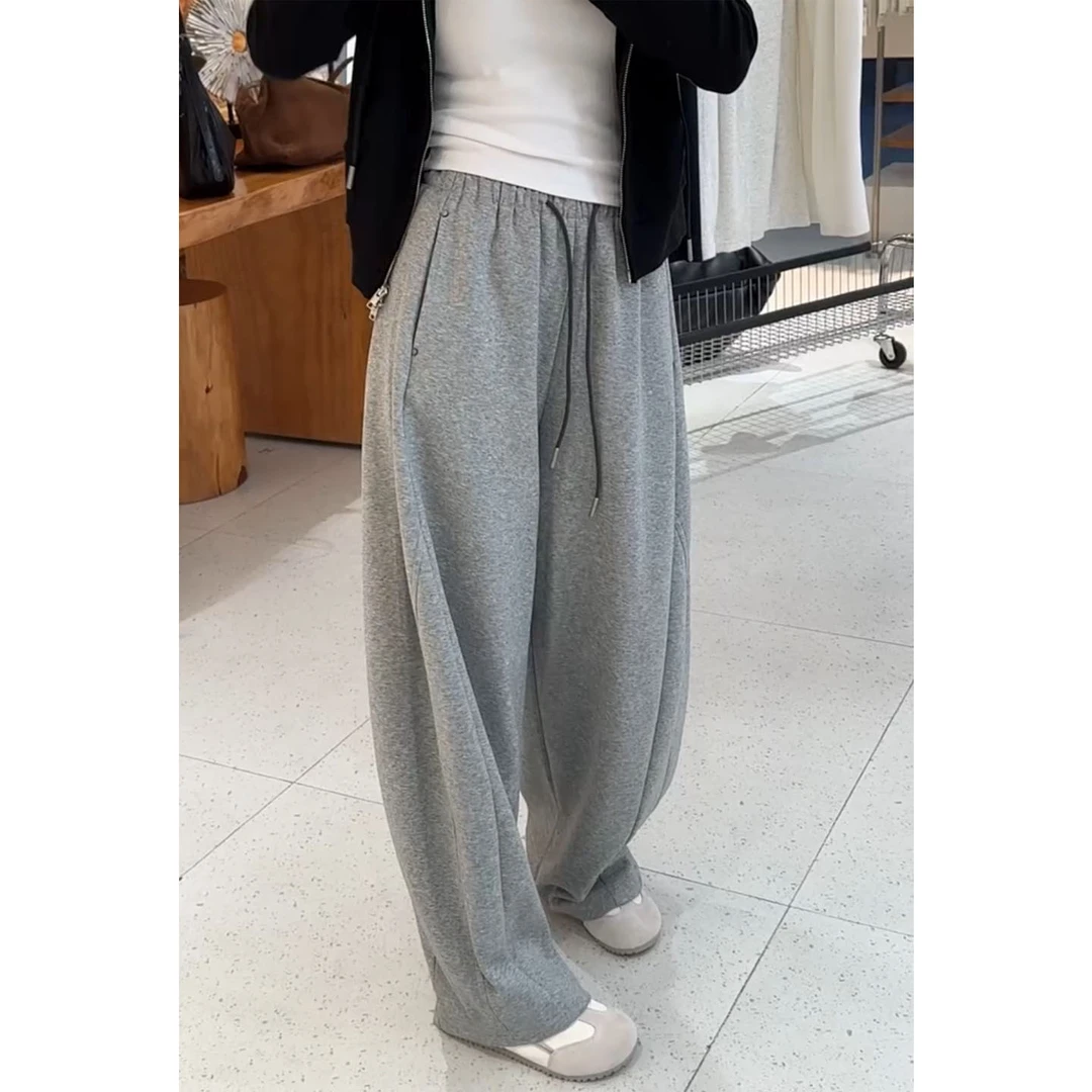 显瘦松紧腰运动风休闲裤女秋季新款百搭宽松弯刀裤大码遮肉阔腿裤