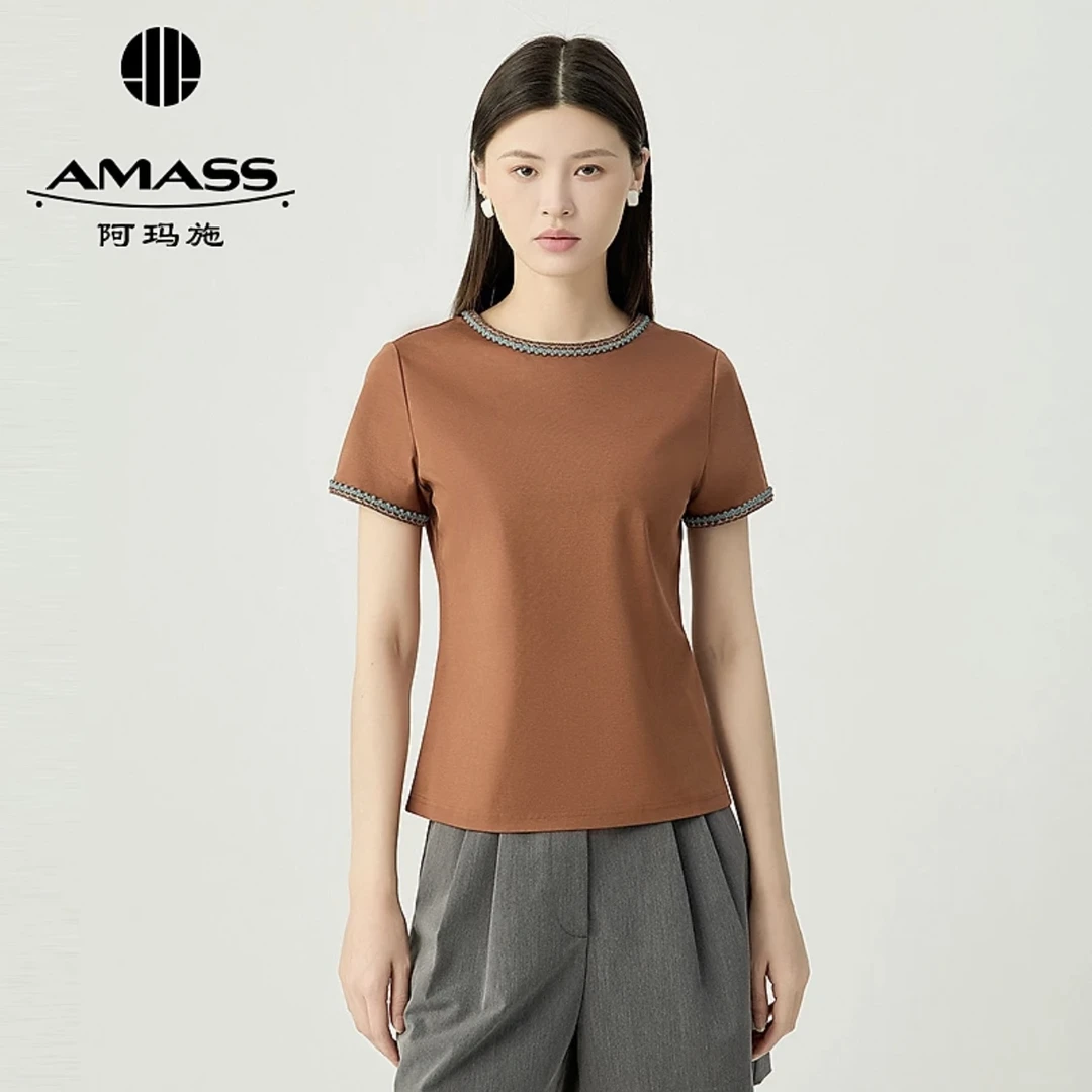 AMASS/阿玛施新款气质休闲圆领领口袖口立体花边设计T恤530054