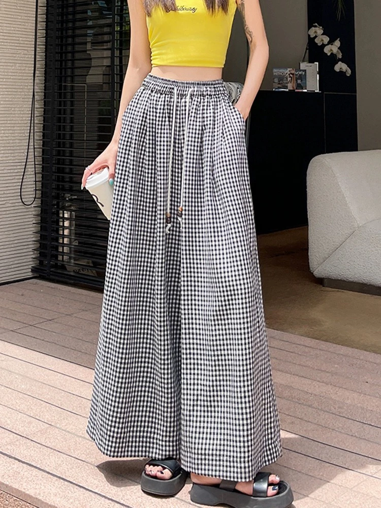 太爆了～夏季抽绳松紧腰黑白格子裤九分棉麻舒适透气阔腿裤-26023