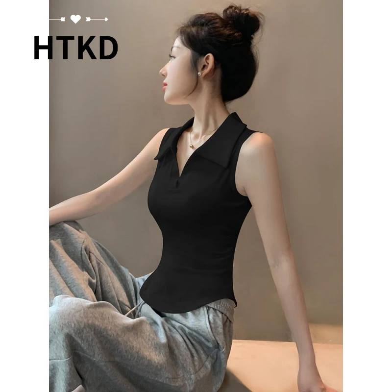 HTKD黑色polo领背心女2025新款夏季弧形下摆百搭紧身无袖显瘦通勤