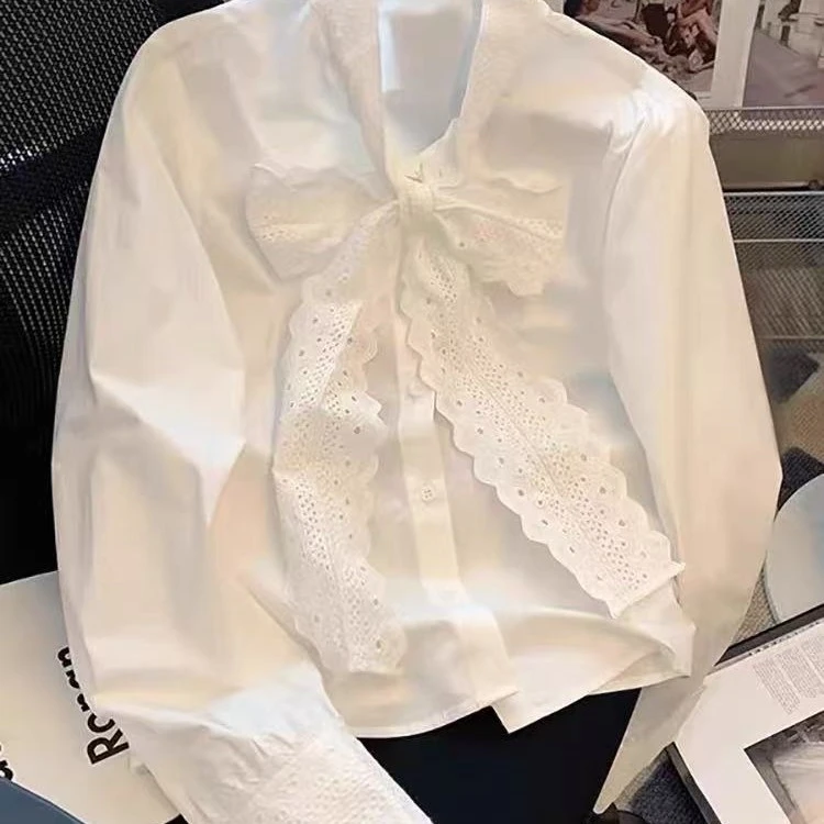 法式气质蝴蝶结系带衬衫女减龄高级感衬衣内搭叠穿别致上衣9879