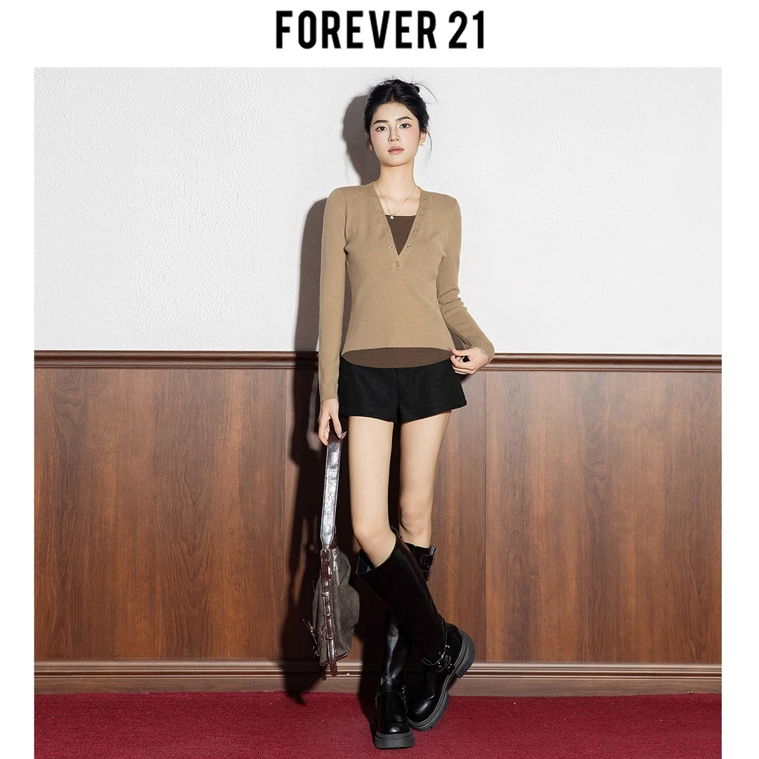 Forever 21复古假两件长袖女秋季新款纽扣修身显瘦减龄针织衫上衣