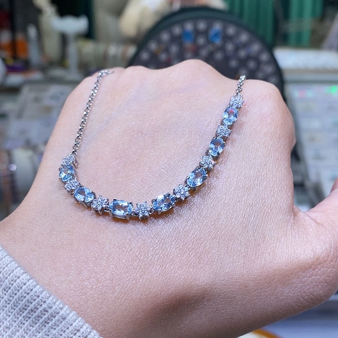 海蓝宝石手链银S925镶嵌天然海蓝宝
