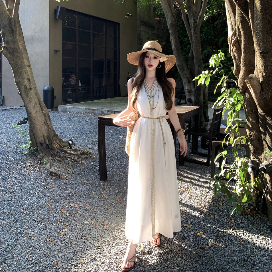 高级感波西米亚风无袖连衣裙女夏季慵懒风宽松V领长裙子法式v领
