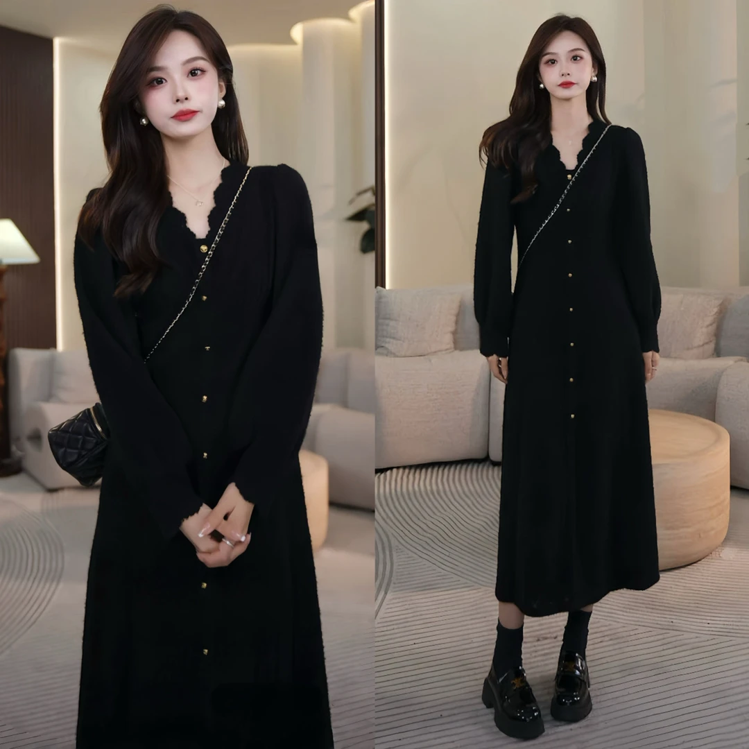 法式赫本风加厚绒面蕾丝收腰V领长袖连衣裙女2025秋冬显瘦小黑裙
