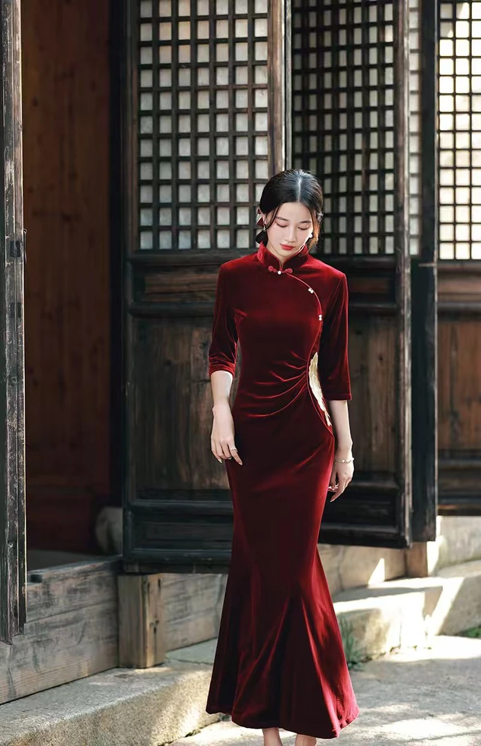 《海棠醉》新中式国风旗袍秋冬喜婆婆喜妈妈连衣裙结婚婚宴礼服2305