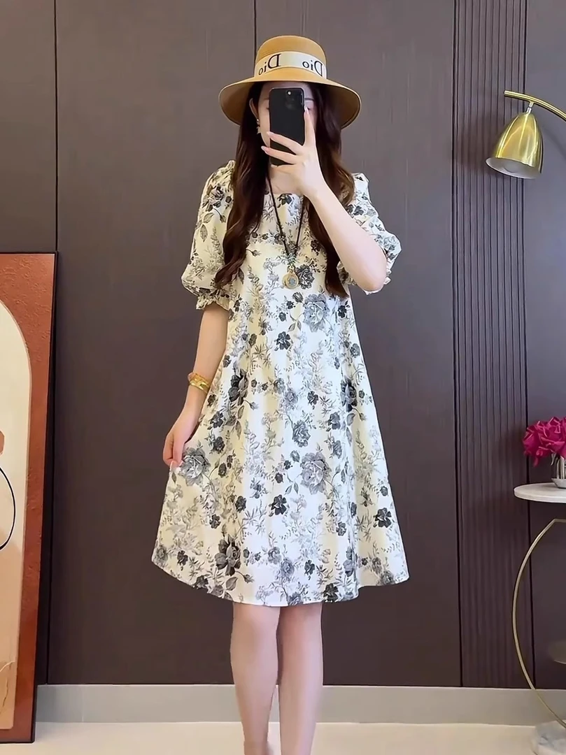 大码连衣裙法式高级感泡泡袖常规圆领印花显瘦遮肉夏季新款A字裙