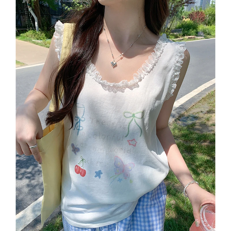 宽松无袖蕾丝花边吊带背心内搭女2025新款夏季外穿蝴蝶结印花上衣