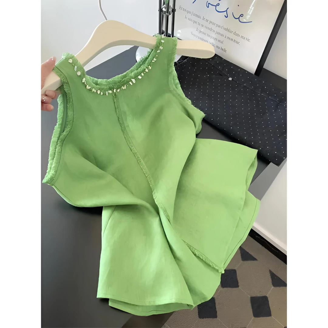 2025夏季新款多巴胺时尚钉珠圆领无袖毛须边马甲A字休闲背心上衣