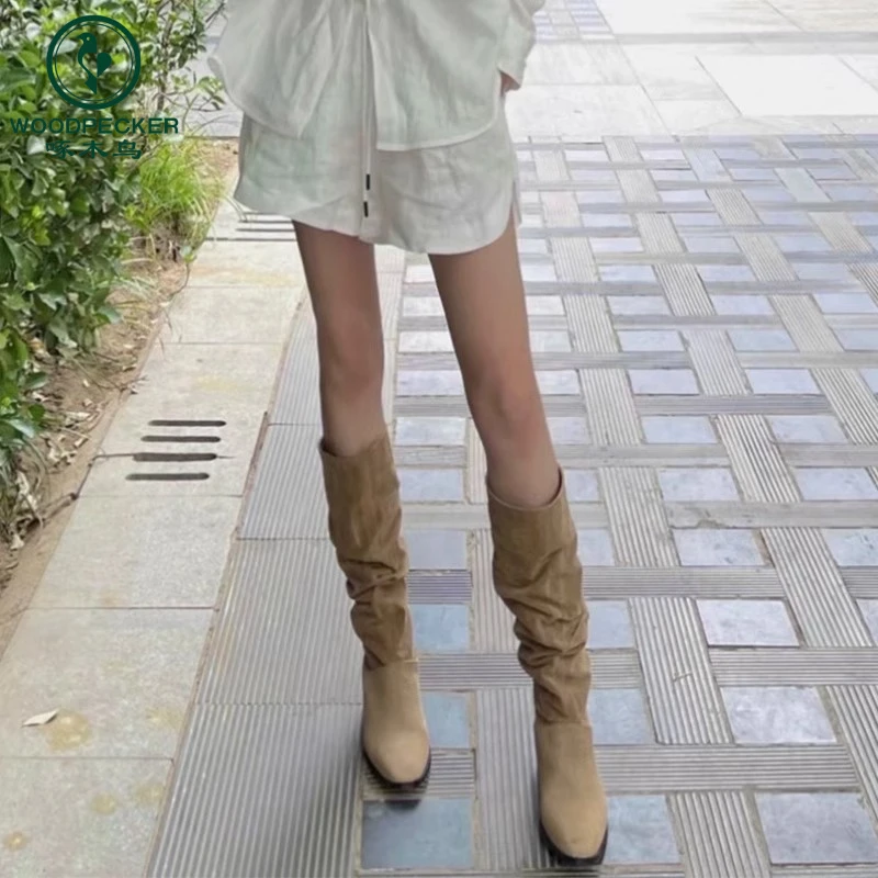 啄木鸟欧美增高堆堆靴褶皱高跟骑士靴西部牛仔长筒靴女秋季靴子