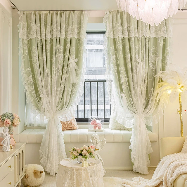 2025年新款双层一体遮光蕾丝成品遮光布纱一体加厚卧室客厅窗帘
