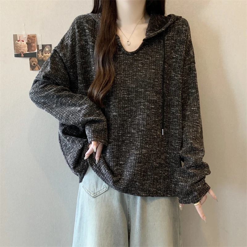 大码女装遮肚子连帽长袖针织衫春秋新款胖mm显瘦宽松百搭洋气上衣