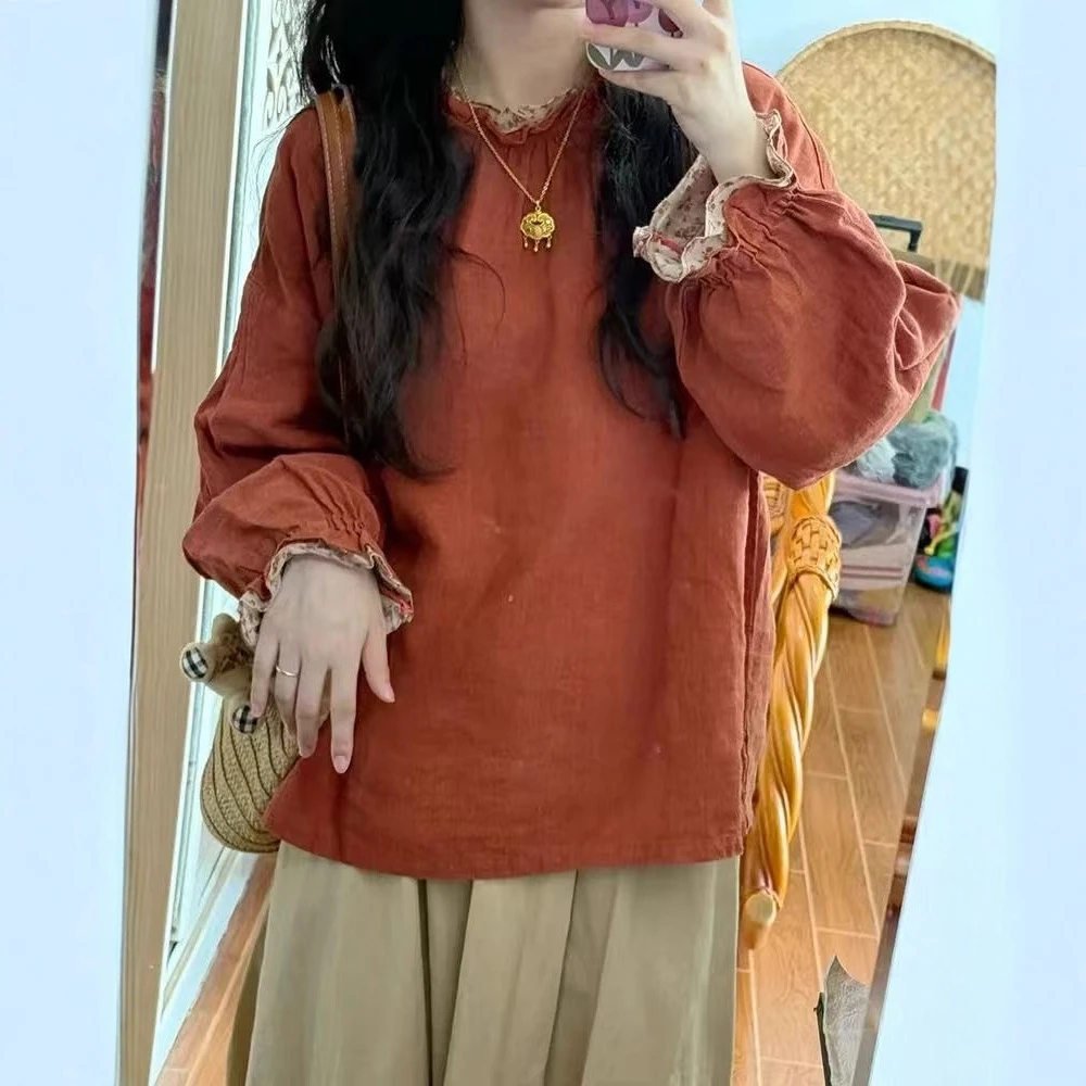 暗橘色碎花拼接喇叭袖棉麻衬衫森系复古高级感chic别致上衣2025秋
